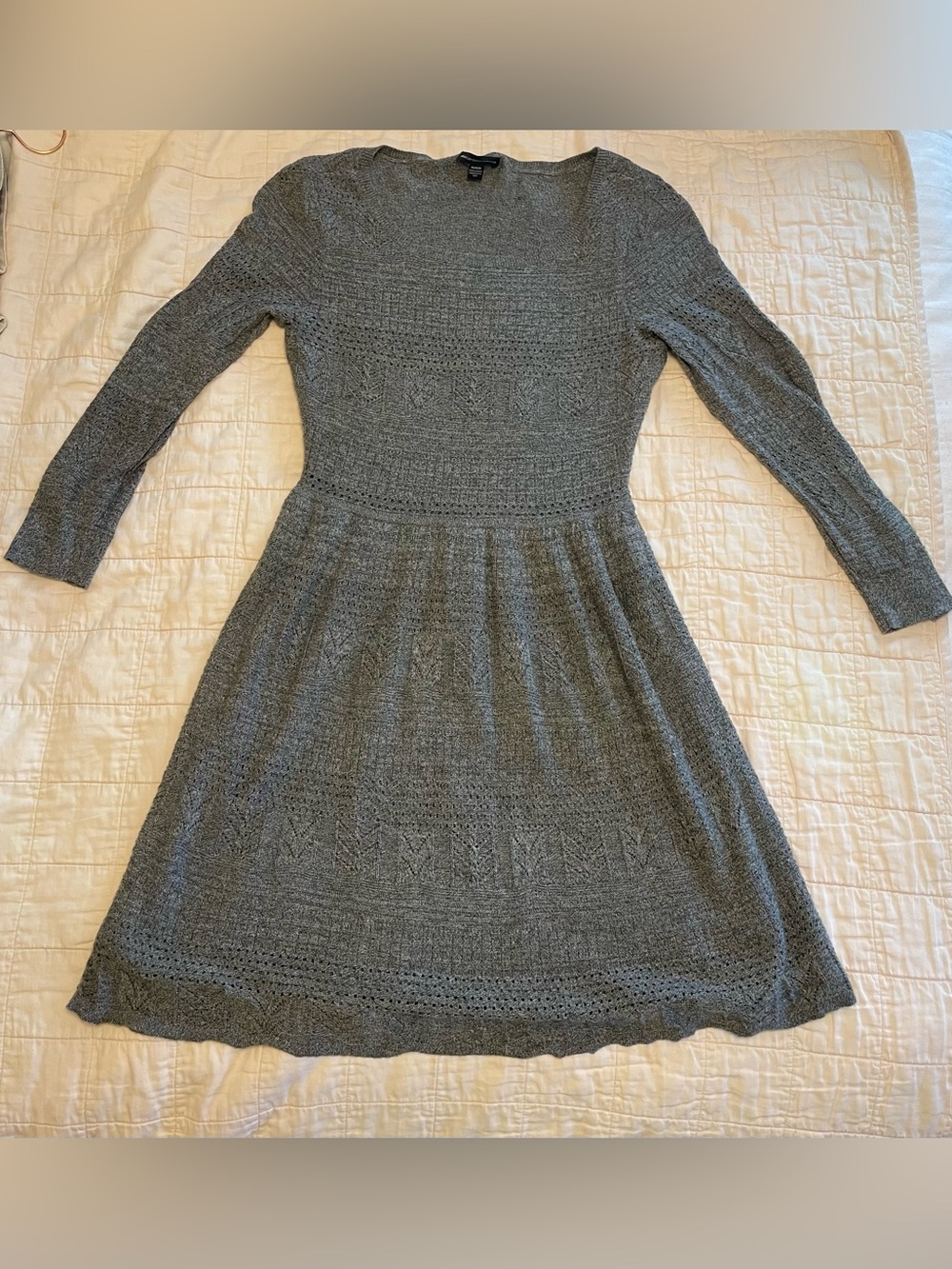 American Eagle Gray Knit Long Sleeve Fit-and-Flare Dress
